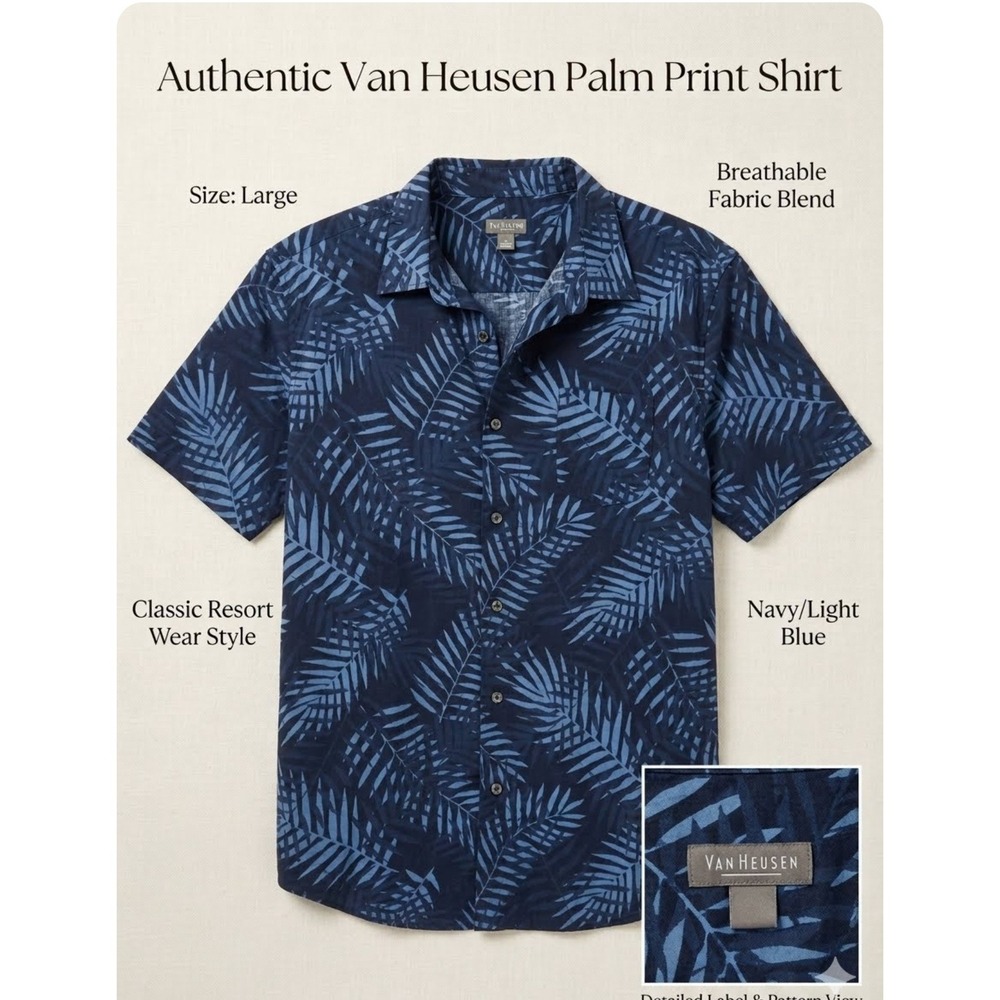 Van Heusen Palm Print Shirt Navy Blue Tropical Short Sleeve Button Down XXL